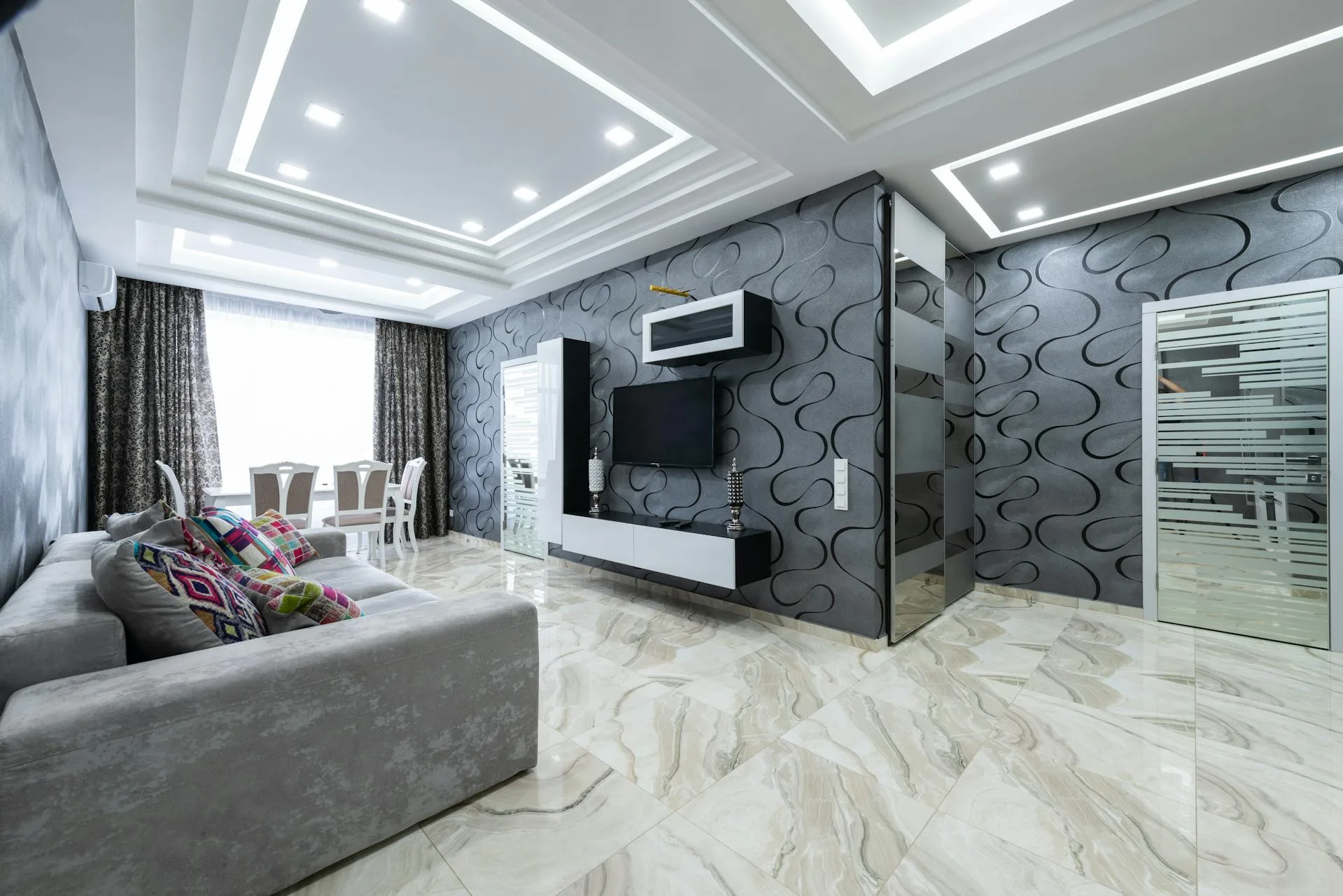 Modern geometric pattern wallpaper in contemporary living space